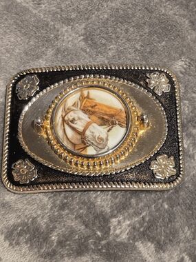 Western Horse Portrait Black and Silver Belt Buckle